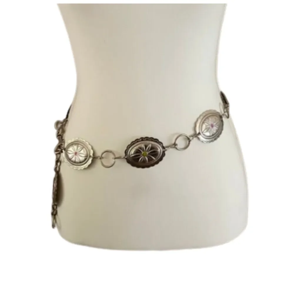 VTG Silver Tone Concho Belt Floral Embossed Boho Whimsigoth Cowgirl